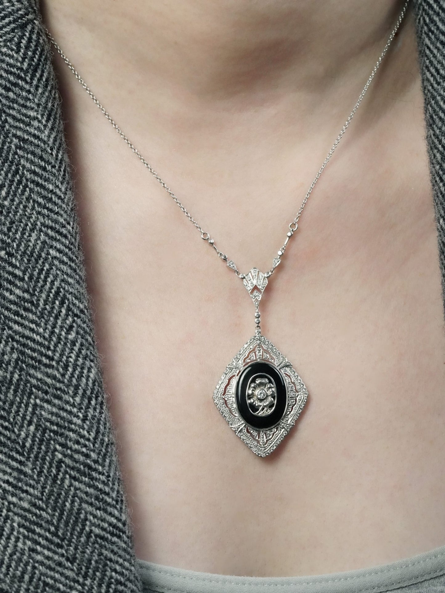 Onyx and Diamond Cluster Pendant Necklace in 14ct White Gold