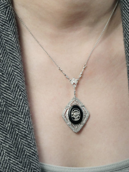 Onyx and Diamond Cluster Pendant Necklace in 14ct White Gold