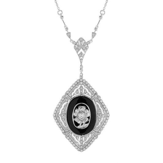 Onyx and Diamond Cluster Pendant Necklace in 14ct White Gold