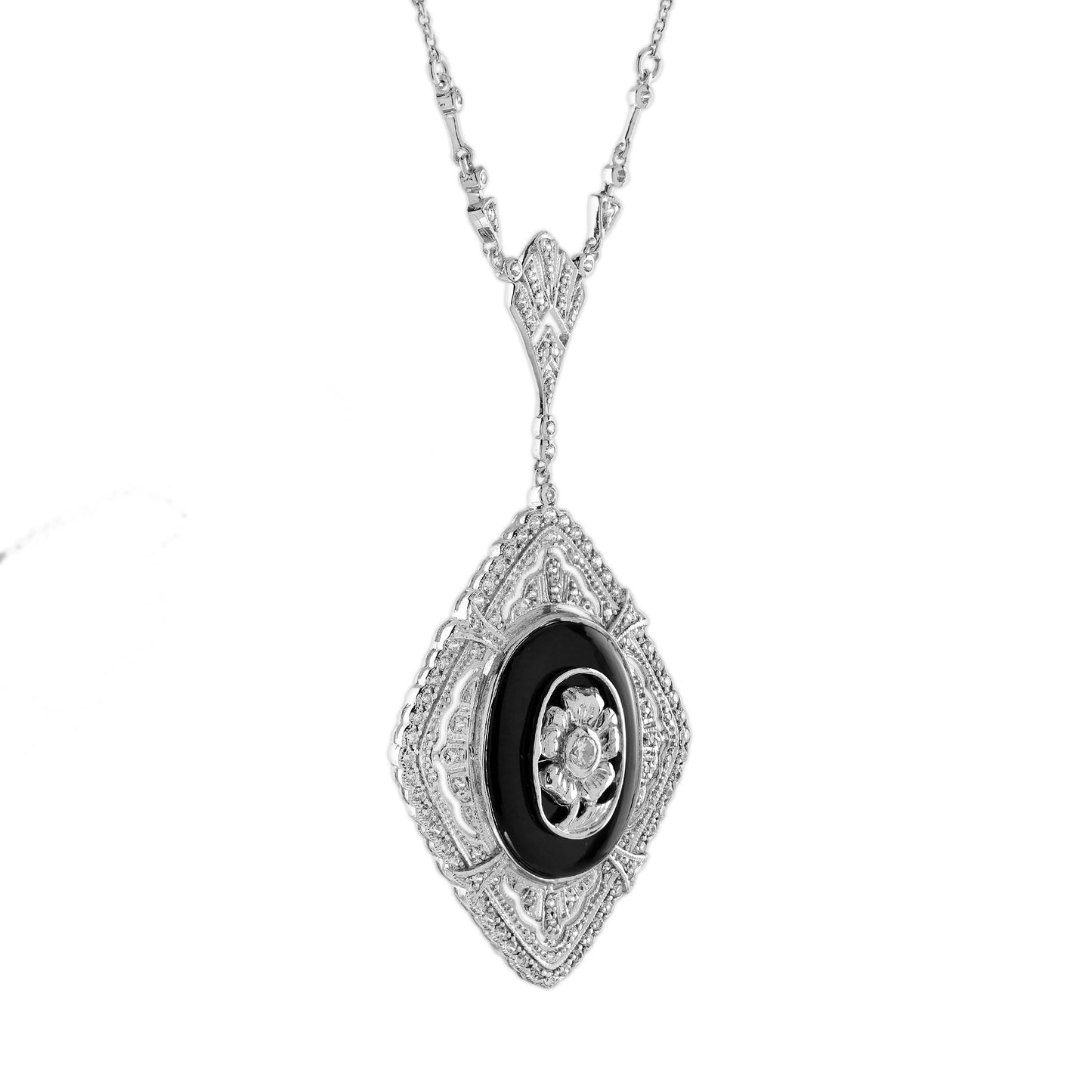 Onyx and Diamond Cluster Pendant Necklace in 14ct White Gold