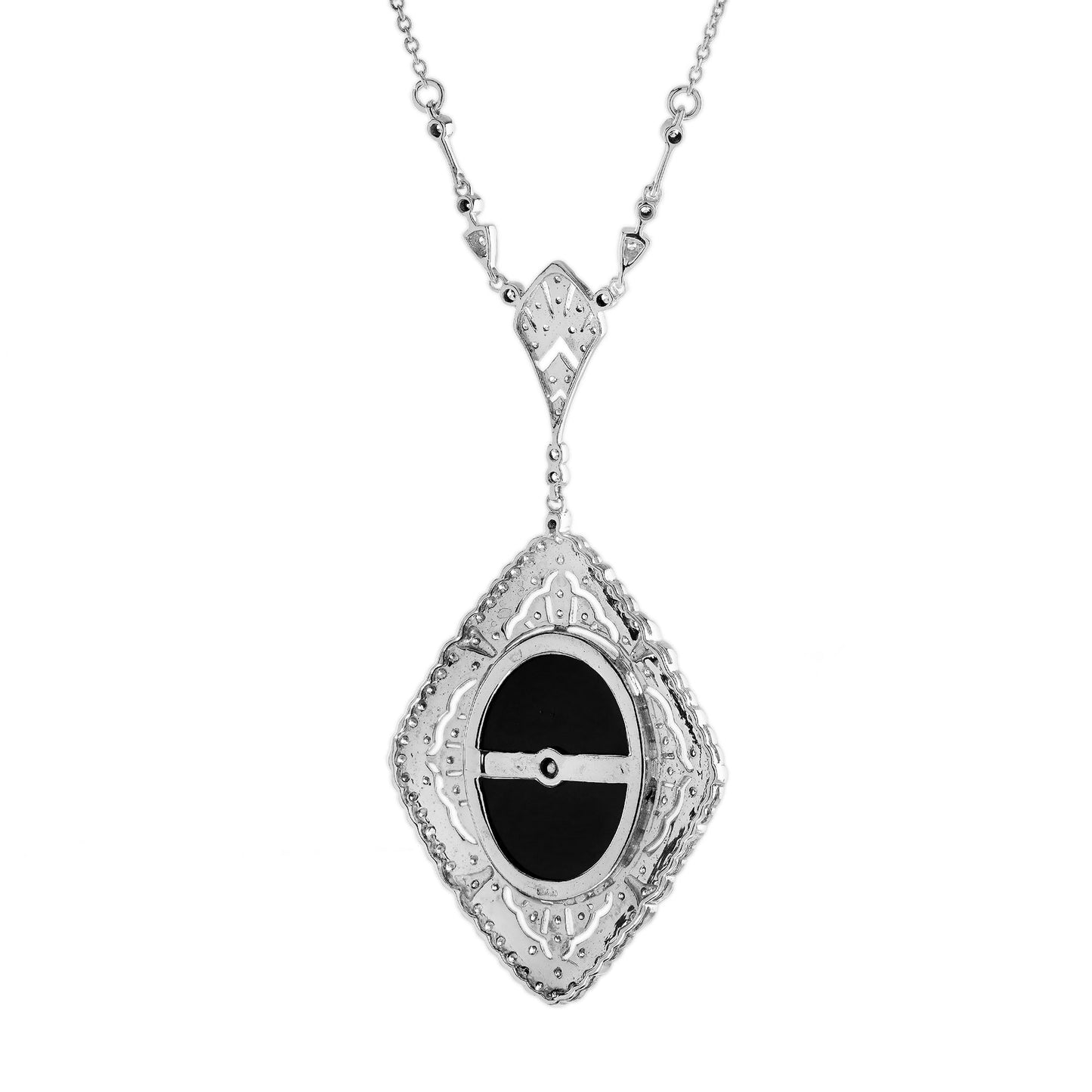 Onyx and Diamond Cluster Pendant Necklace in 14ct White Gold