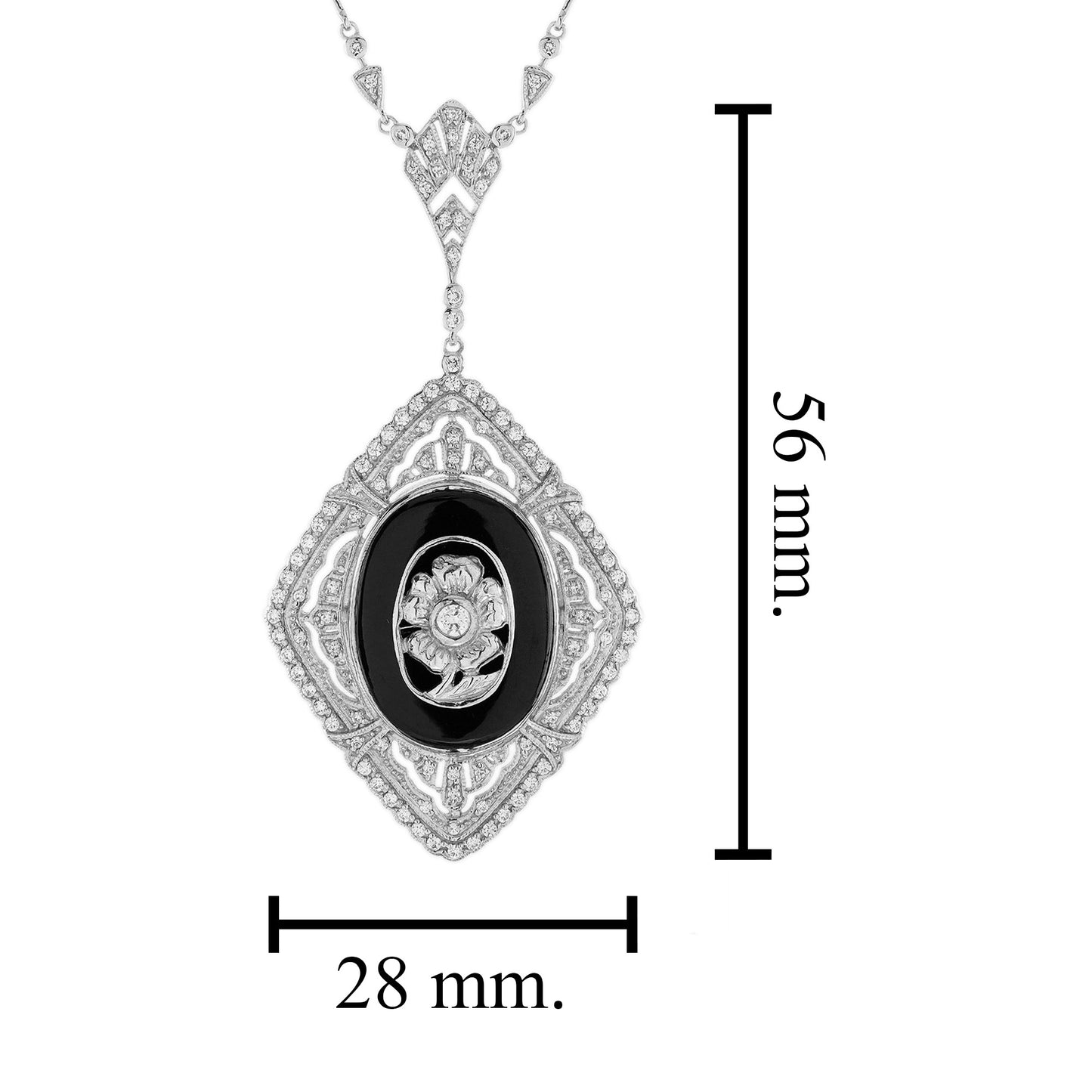 Onyx and Diamond Cluster Pendant Necklace in 14ct White Gold