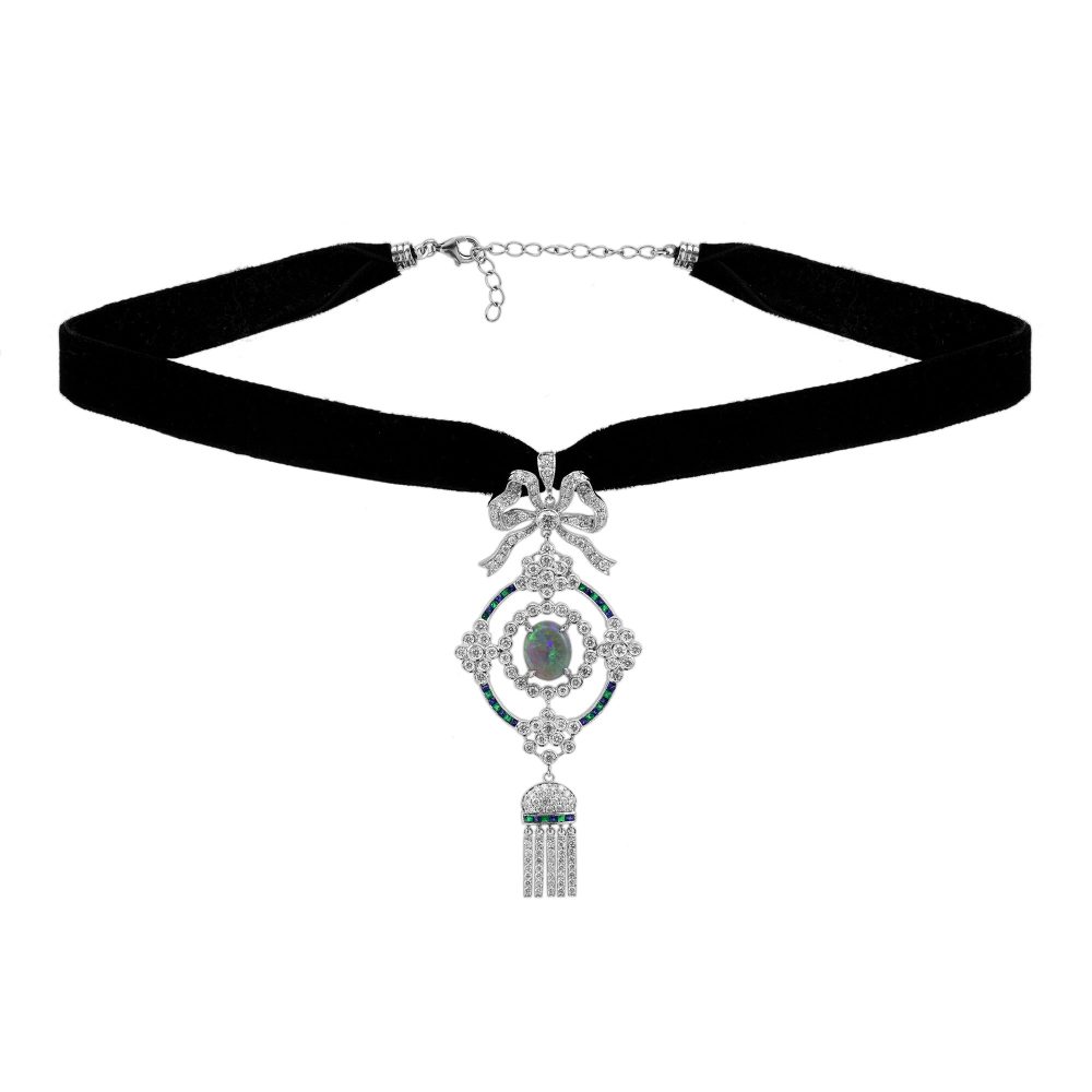 Black Opal Emerald Sapphire and Diamond Choker Necklace