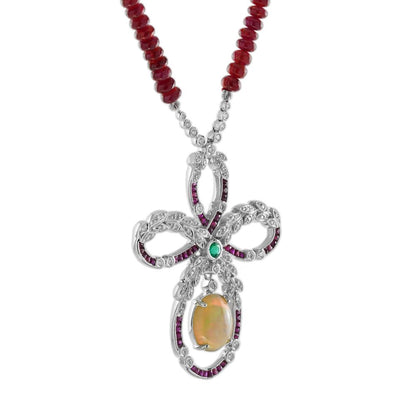 Edwardian Style 3.24ct Ethiopian Opal Ruby Emerald and Diamond Pendant on Ruby Bead Necklace