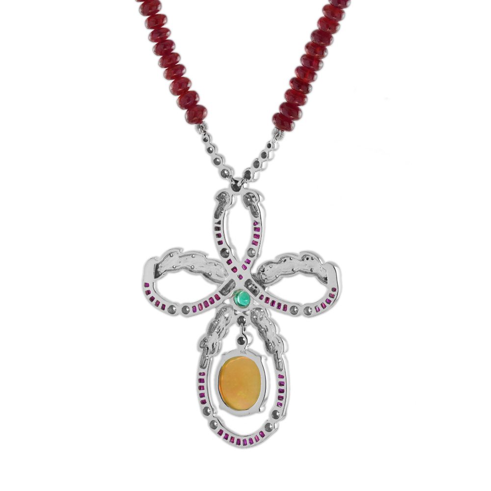Edwardian Style 3.24ct Ethiopian Opal Ruby Emerald and Diamond Pendant on Ruby Bead Necklace