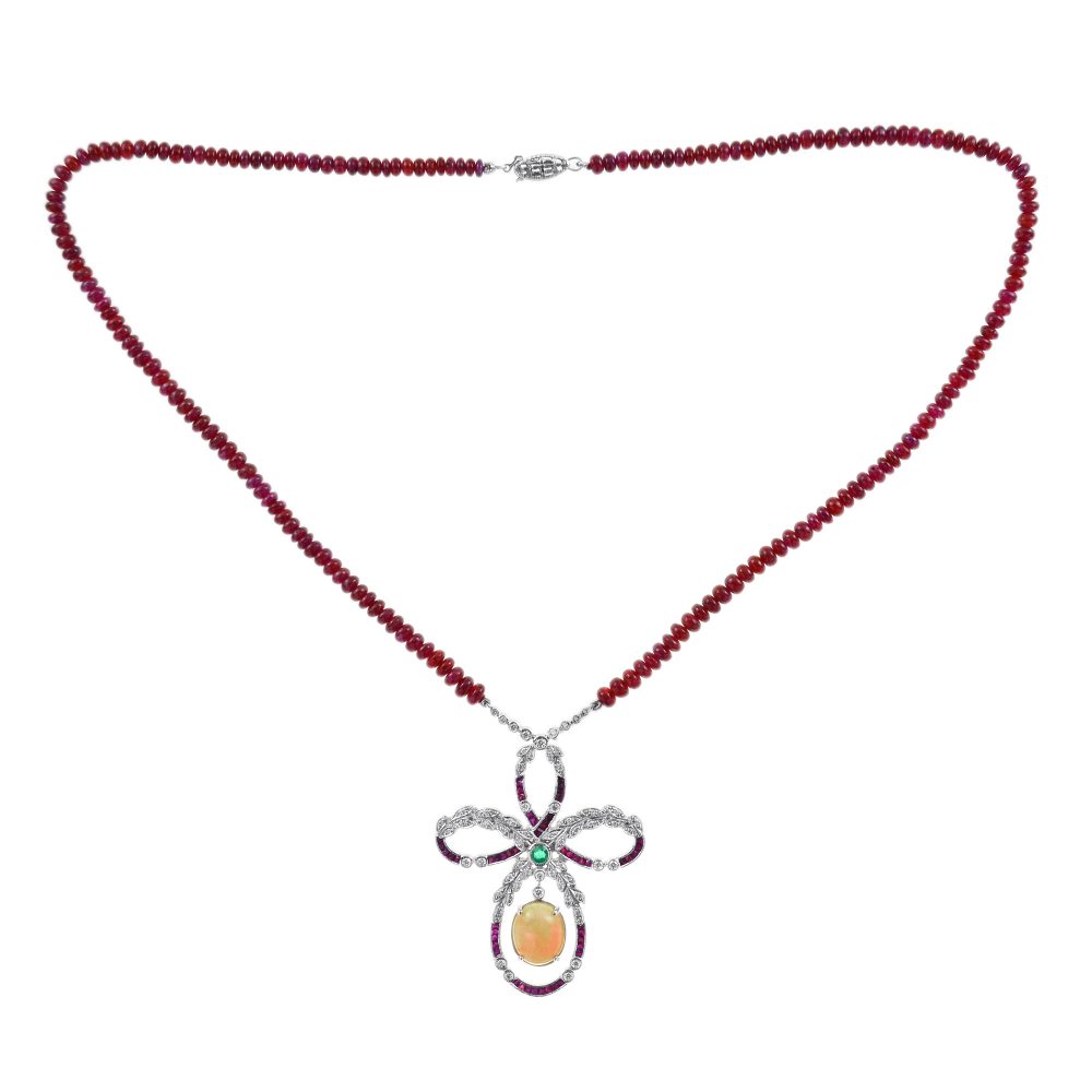 Edwardian Style 3.24ct Ethiopian Opal Ruby Emerald and Diamond Pendant on Ruby Bead Necklace
