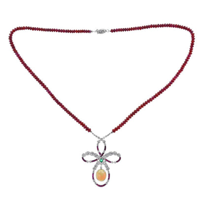 Edwardian Style 3.24ct Ethiopian Opal Ruby Emerald and Diamond Pendant on Ruby Bead Necklace