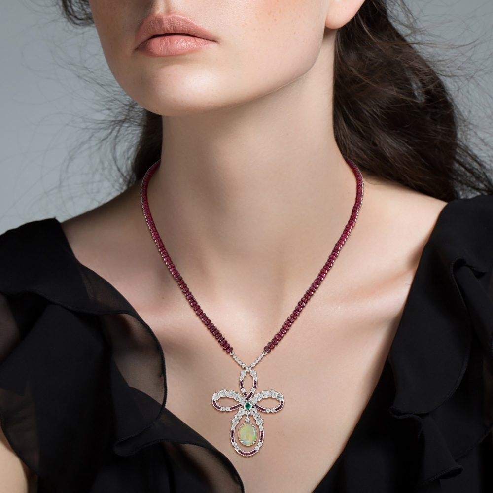 Edwardian Style 3.24ct Ethiopian Opal Ruby Emerald and Diamond Bow Pendant on Ruby Bead Necklace