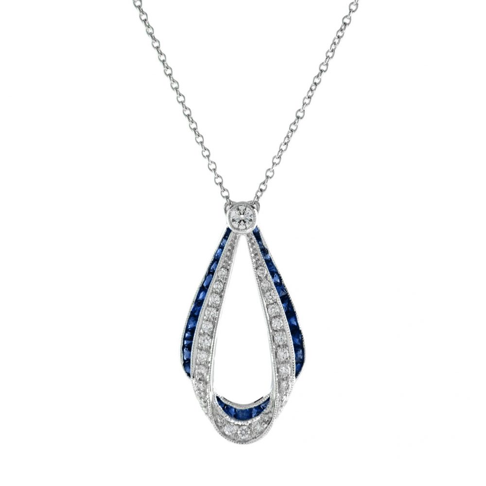 2ct Sapphire and Diamond Ribbon Cluster Pendant Necklace