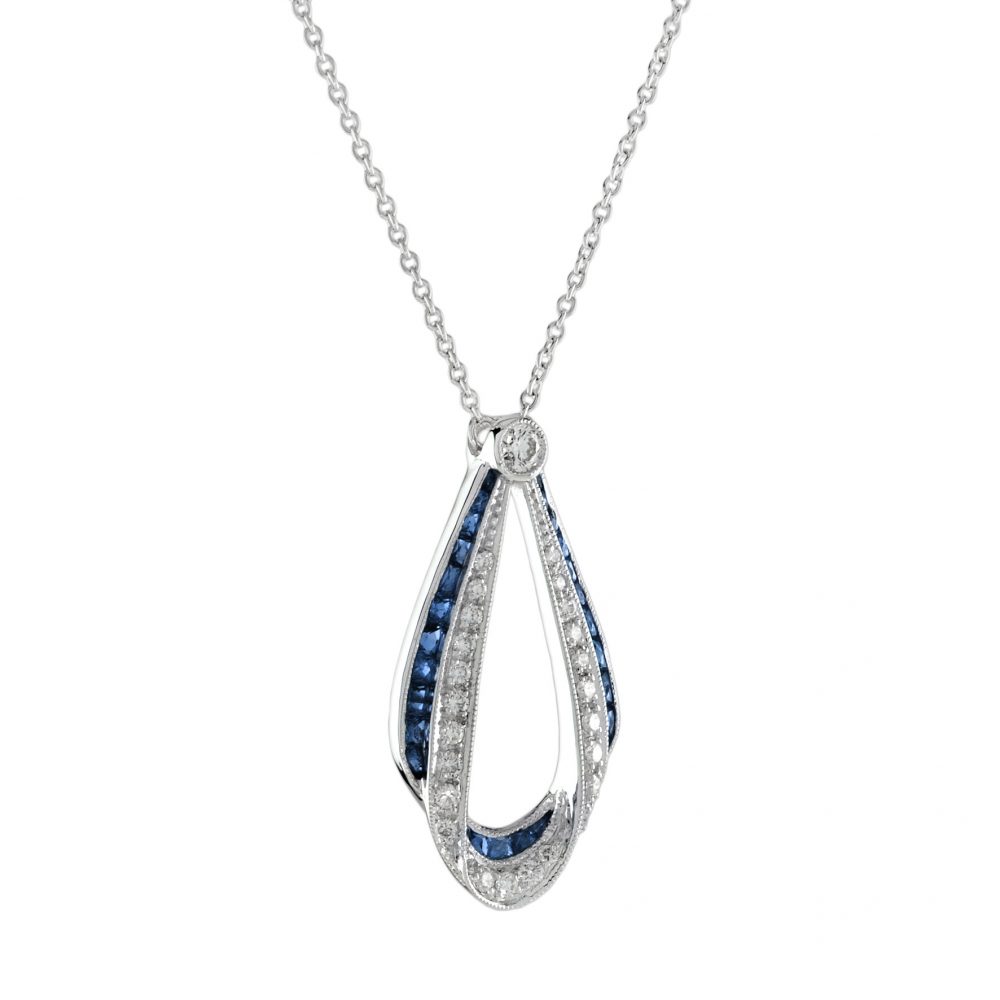2ct Sapphire and Diamond Ribbon Cluster Pendant Necklace
