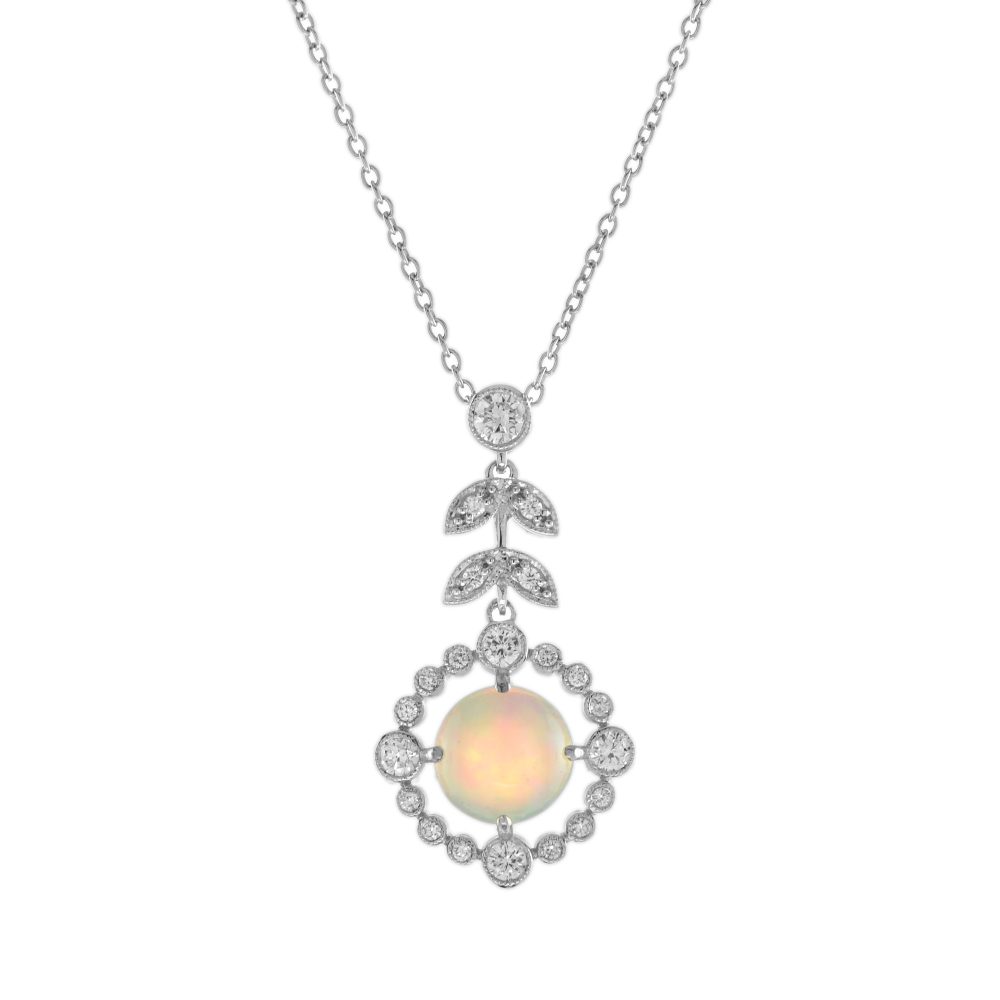 Opal and Diamond Cluster Pendant Necklace