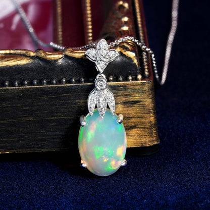 3.62ct Oval Opal and Diamond Pendant Necklace