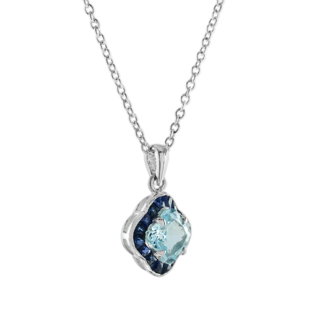 Fancy Lily Quatrefoil Cut 1ct Blue Topaz and Blue Sapphire Cluster Pendant Necklace