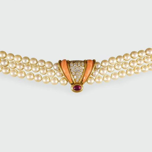 Vintage Coral, Cabochon Ruby and Diamond Three Row Pearl Necklace
