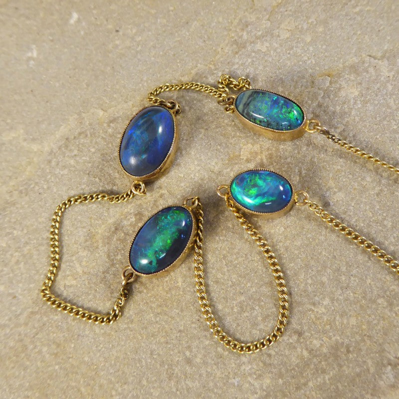Antique Edwardian Long Gold Black Opal Necklace