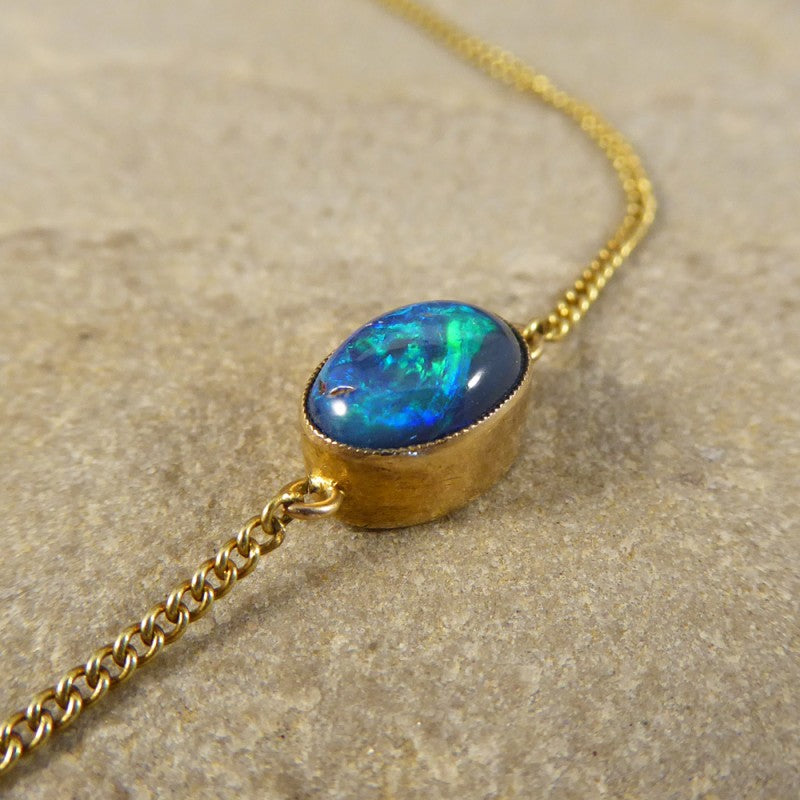 Antique Edwardian Long Gold Black Opal Necklace