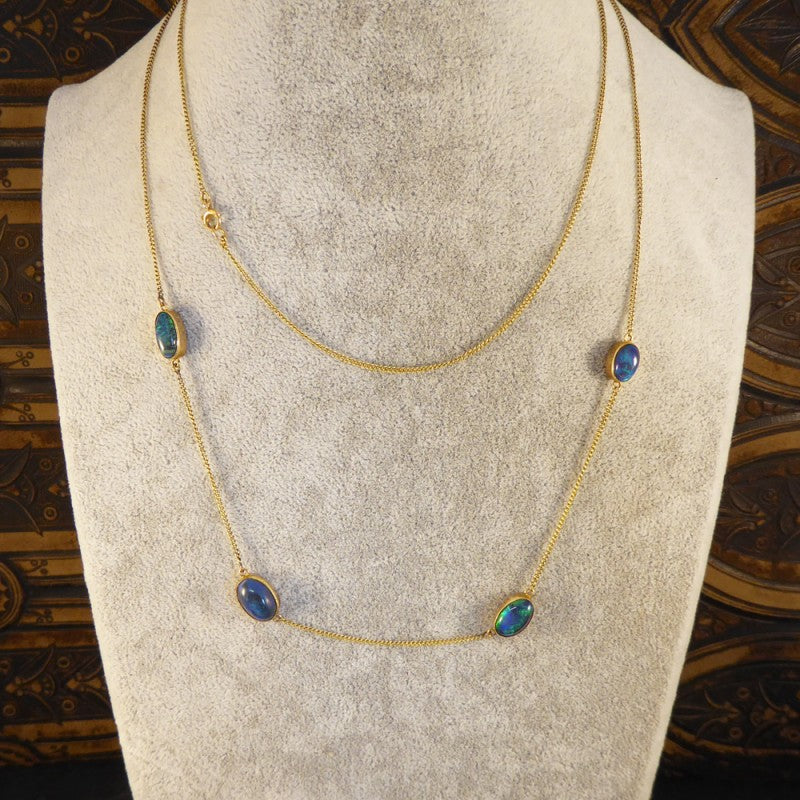 Antique Edwardian Long Gold Black Opal Necklace
