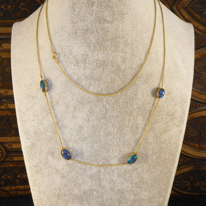 Antique Edwardian Long Gold Black Opal Necklace