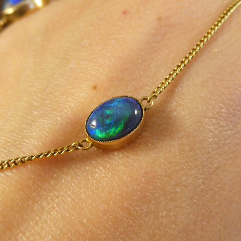 Antique Edwardian Long Gold Black Opal Necklace