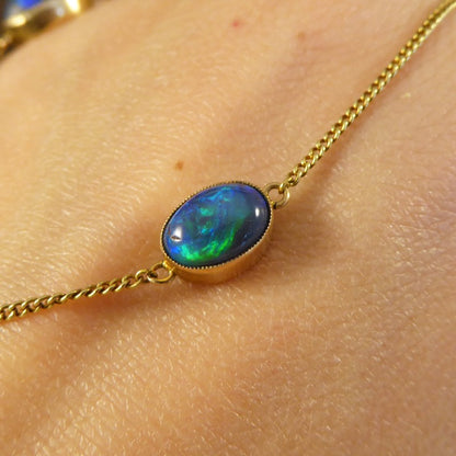 Antique Edwardian Long Gold Black Opal Necklace