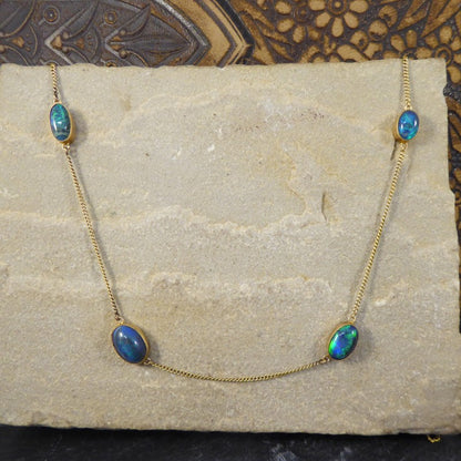 Antique Edwardian Long Gold Black Opal Necklace