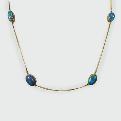 Antique Edwardian Long Gold Black Opal Necklace