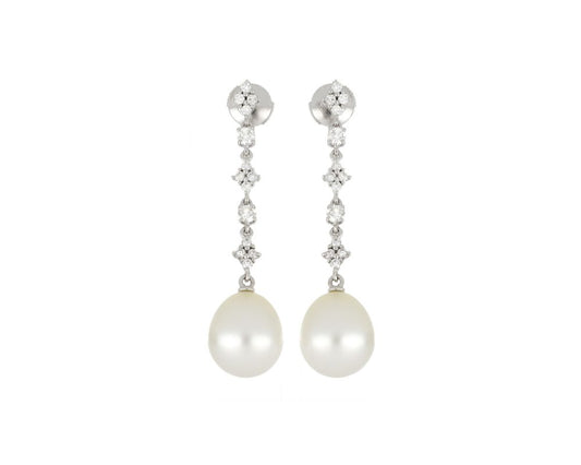 Diamond and Pearl Drop Earrings, 18ct White Gold