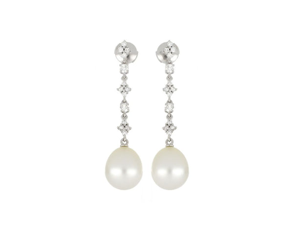 Diamond and Pearl Drop Earrings, 18ct White Gold