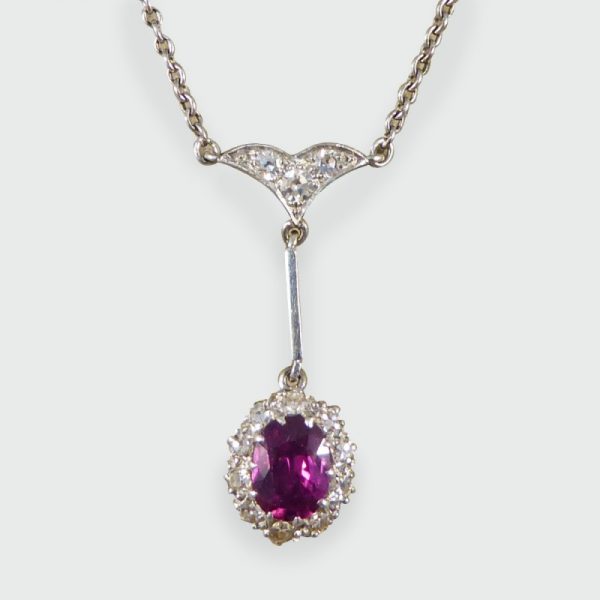 Antique Edwardian 1.50ct Oval Cut Ruby and Diamond Cluster Drop Pendant