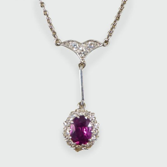 Antique Edwardian 1.50ct Oval Cut Ruby and Diamond Cluster Drop Pendant