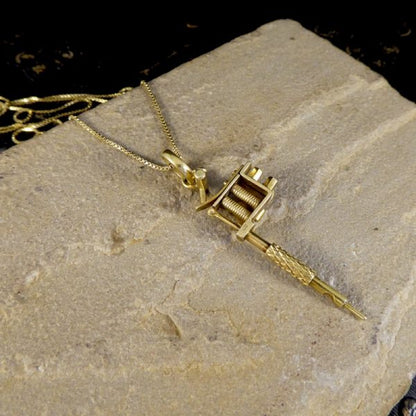 Vintage Gold Tatoo Ink Gun on Long Yellow Gold Box Chain