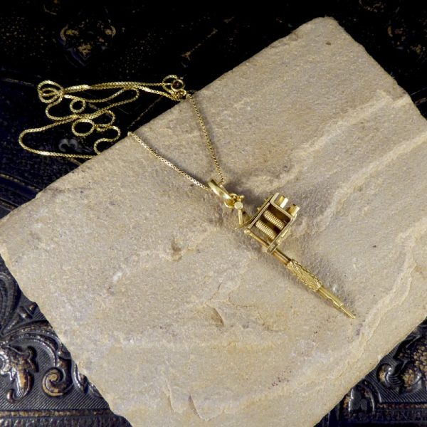 Vintage Gold Tatoo Ink Gun on Long Yellow Gold Box Chain