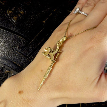 Vintage Gold Tatoo Ink Gun on Long Yellow Gold Box Chain