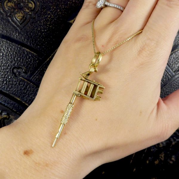 Vintage Gold Tatoo Ink Gun on Long Yellow Gold Box Chain