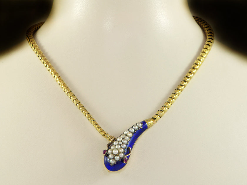 Antique Victorian Blue Enamel Gold Snake Necklace
