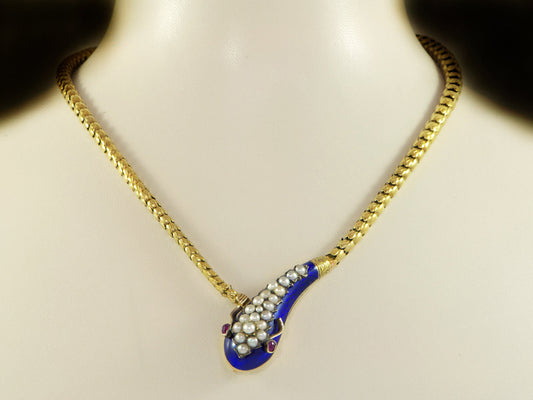 Antique Victorian Blue Enamel Gold Snake Necklace