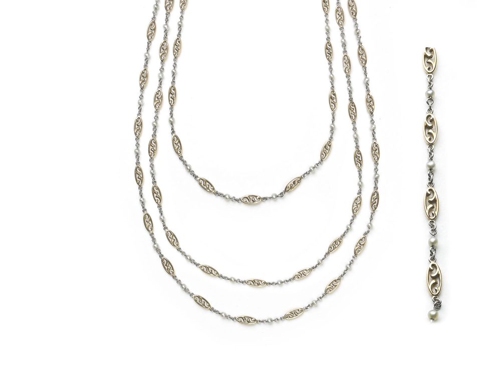 Antique Edwardian Platinum, Gold & Natural Pearl Long Chain