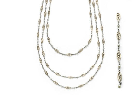 Antique Edwardian Platinum, Gold & Natural Pearl Long Chain