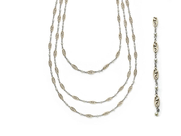 Antique Edwardian Platinum, Gold & Natural Pearl Long Chain