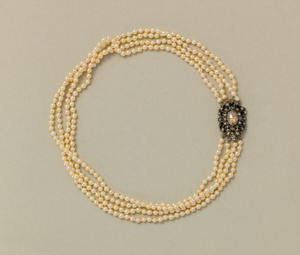 Four Row Pearl Necklace with Rose Cut Diamond Clasp