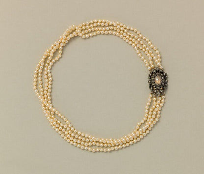 Four Row Pearl Necklace with Rose Cut Diamond Clasp