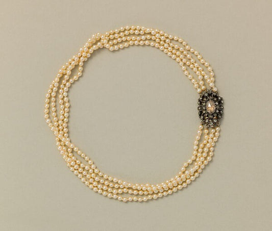 Four Row Pearl Necklace with Rose Cut Diamond Clasp