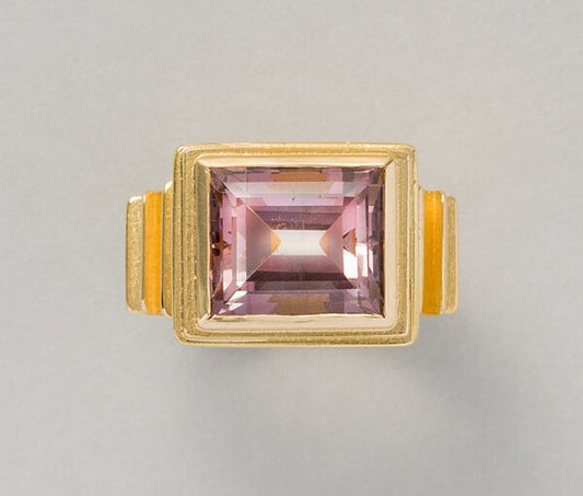 6ct Step Cut Purple Tourmaline and 18ct Yellow Gold Ring Signed by Jacob de Groes