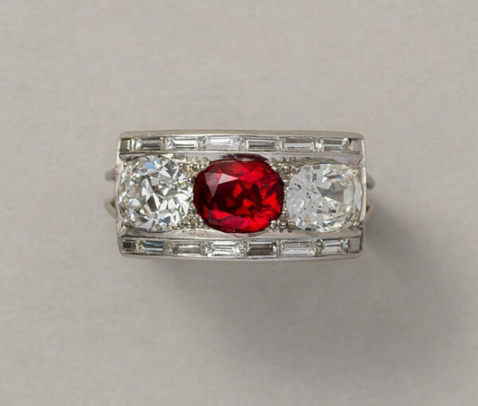 Art Deco 1.55ct Natural Burma Ruby and Diamond Ring in Platinum