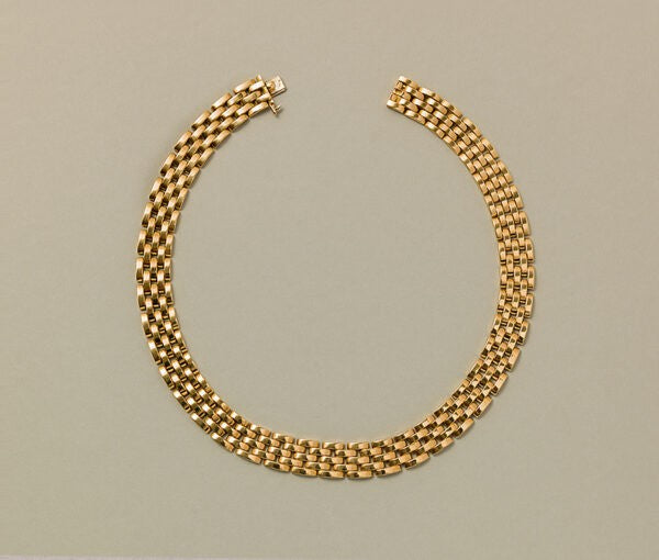 Cartier Panthere 18ct Yellow Gold Necklace; classic five-row choker necklace with a grain de riz pattern. Signed and numbered Cartier, 632144, French