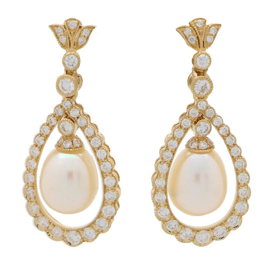 Pearl and Diamond Cluster Drop Earrings in 18ct Yellow Gold