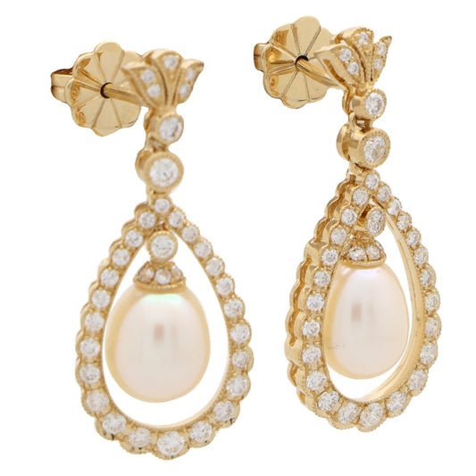 Pearl and Diamond Cluster Drop Earrings in 18ct Yellow Gold