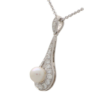 Diamond and Pearl Cluster Drop Pendant Necklace