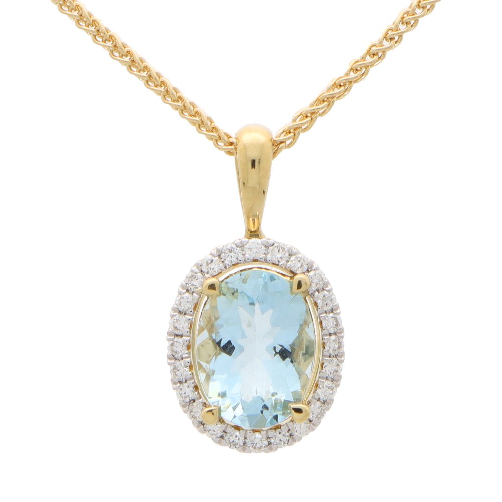Oval Aquamarine and Diamond Halo Cluster Pendant in 18ct Yellow Gold