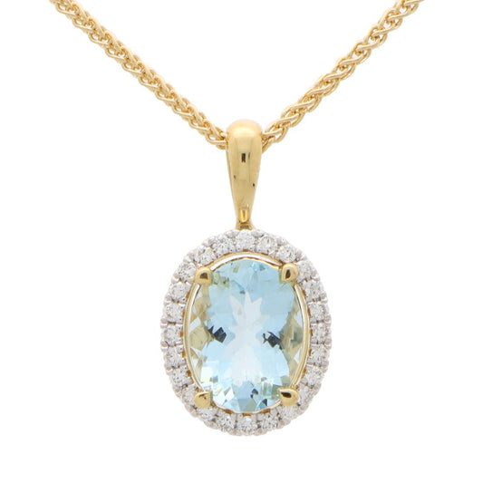 Oval Aquamarine and Diamond Halo Cluster Pendant in 18ct Yellow Gold